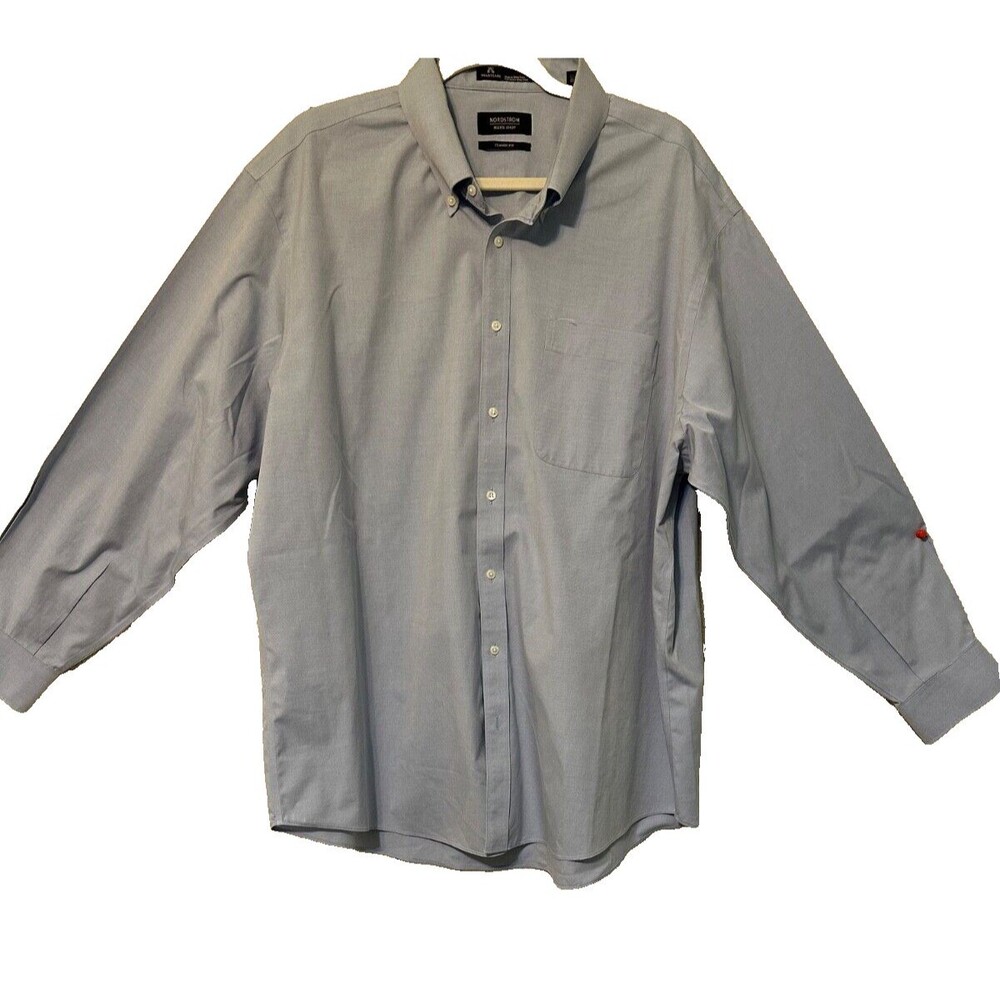 Nordstrom Mens Shop Blue Solid Button Up Shirt Smartcare Classic Sz‎ 18 34-35